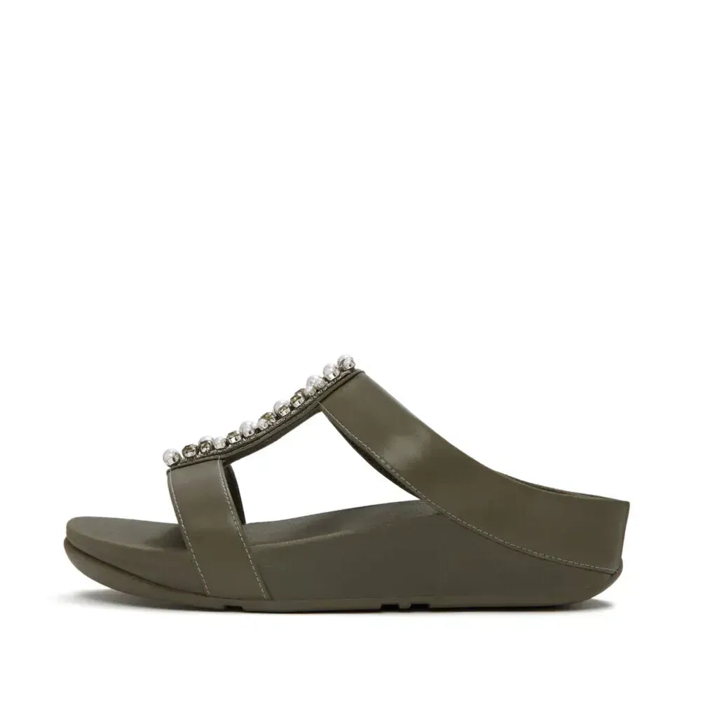 FitFlop FitFlop FINO Pearls-And-Crystal H-Bar Slides Slide Deep Olive UK 3