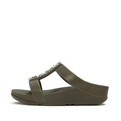 FitFlop FitFlop FINO Pearls-And-Crystal H-Bar Slides Slide Deep Olive UK 3